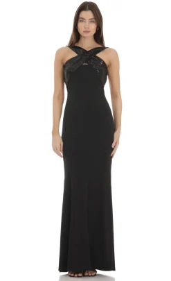 LUCY IN THE SKY Maxi Dresses^Sequin Cross Neck Maxi Dress In Black
