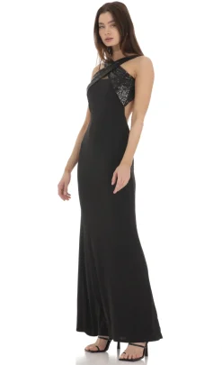LUCY IN THE SKY Maxi Dresses^Sequin Cross Neck Maxi Dress In Black