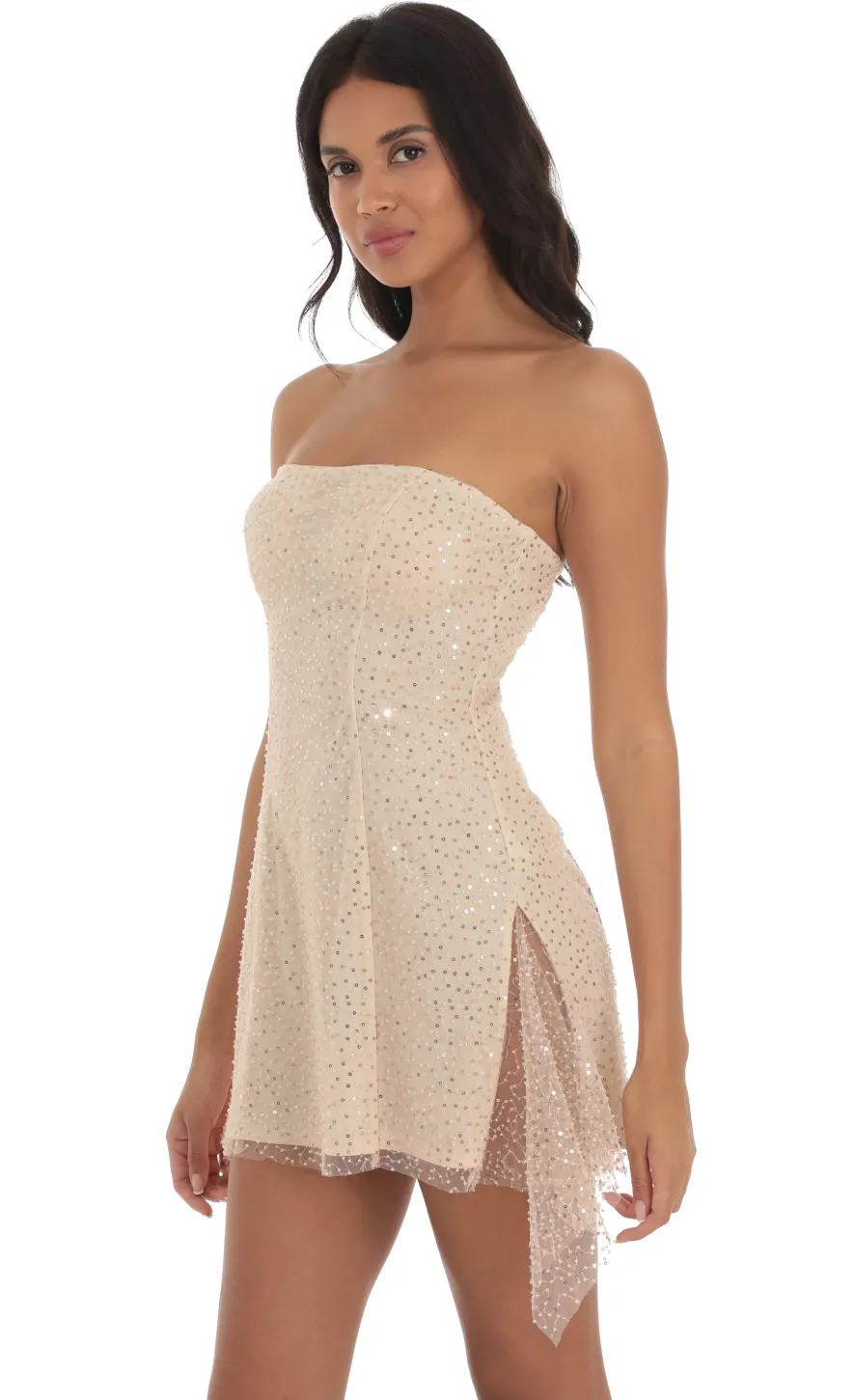 LUCY IN THE SKY Mini Dresses^Sequin Double Slit Strapless Dress In Champagne