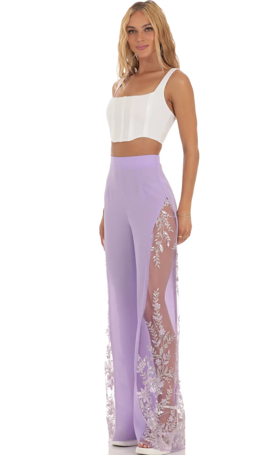 LUCY IN THE SKY Pants^Sequin Floral Pants In Lavender