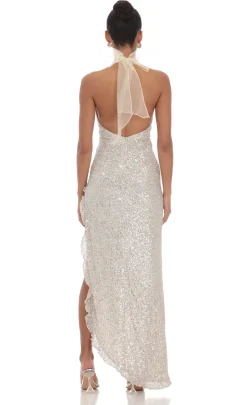 LUCY IN THE SKY Maxi Dresses^Sequin Halter Ruffle Maxi Dress In Champagne