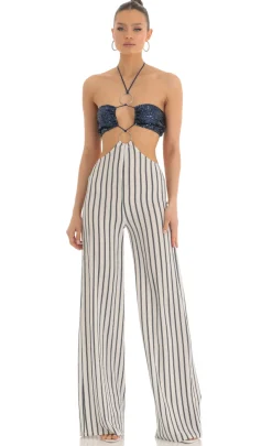 LUCY IN THE SKY Jumpsuits^Sequin Halter Striped Jumpsuit In White And Navy