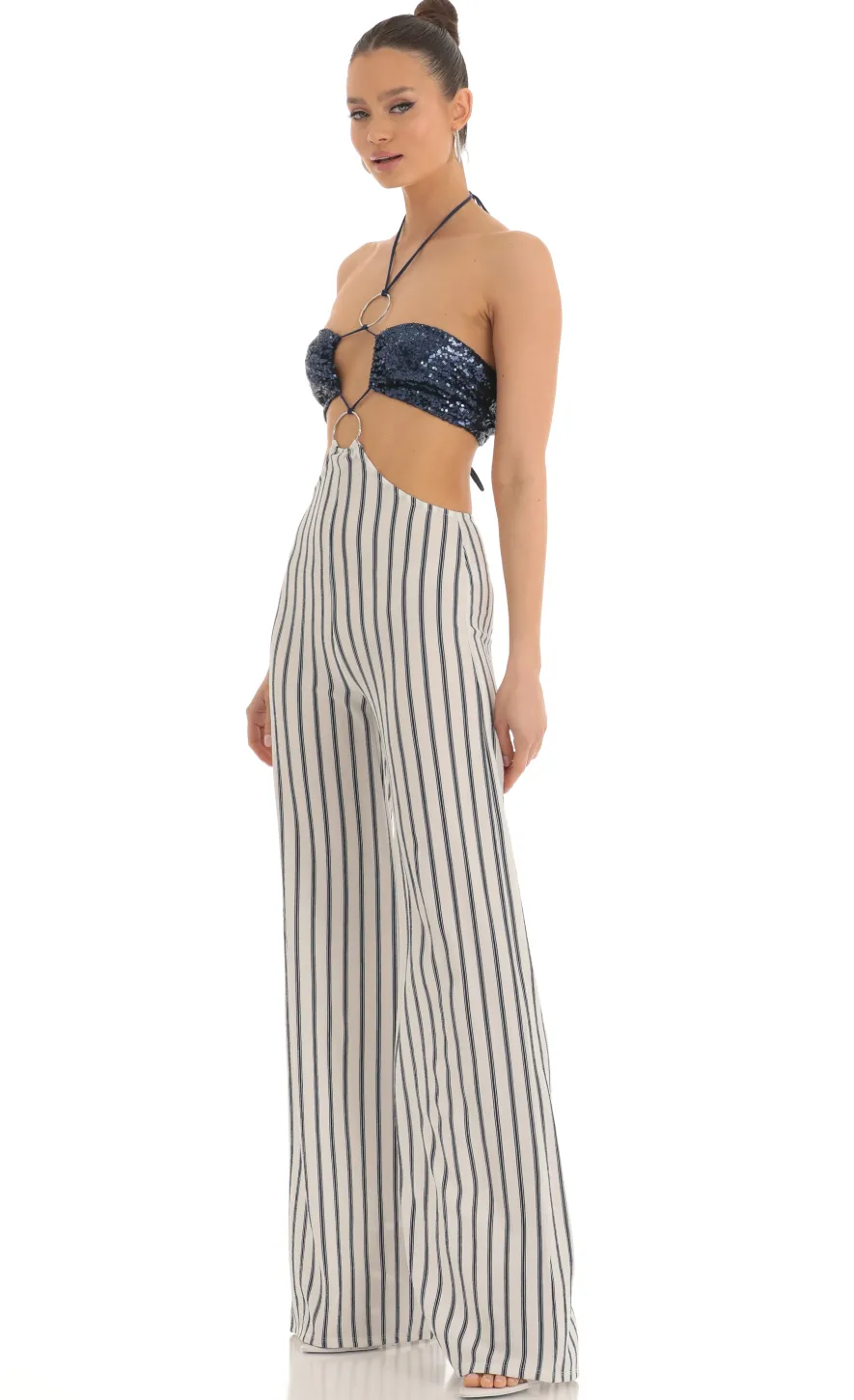 LUCY IN THE SKY Jumpsuits^Sequin Halter Striped Jumpsuit In White And Navy