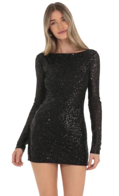 LUCY IN THE SKY Mini Dresses^Sequin High Neck Open Back Dress In Black