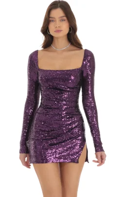 LUCY IN THE SKY Mini Dresses^Sequin Long Sleeve Bodycon Dress In Purple