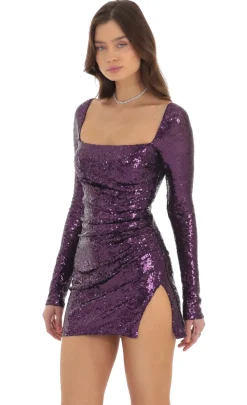 LUCY IN THE SKY Mini Dresses^Sequin Long Sleeve Bodycon Dress In Purple
