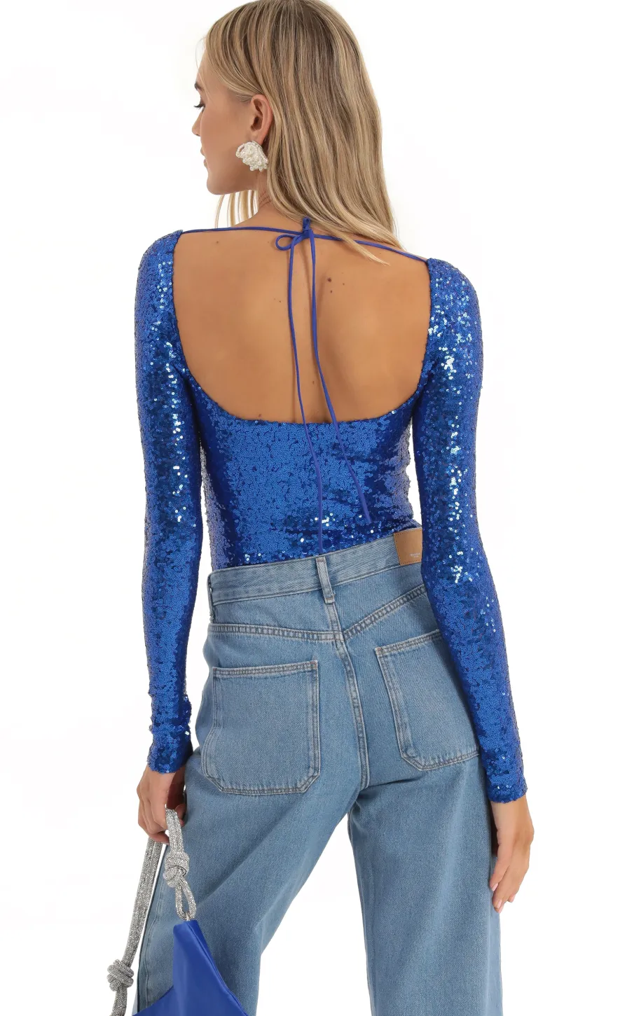 LUCY IN THE SKY Tops|Bodysuits^Sequin Long Sleeve Bodysuit In Blue