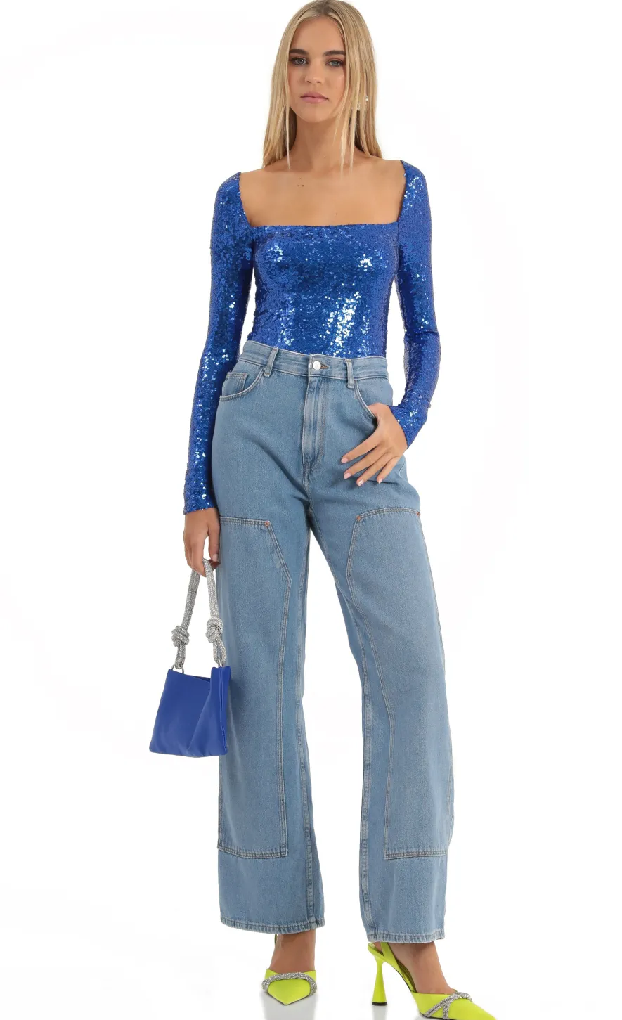 LUCY IN THE SKY Tops|Bodysuits^Sequin Long Sleeve Bodysuit In Blue