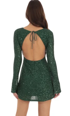 LUCY IN THE SKY Mini Dresses^Sequin Long Sleeve Open Back Dress In Green