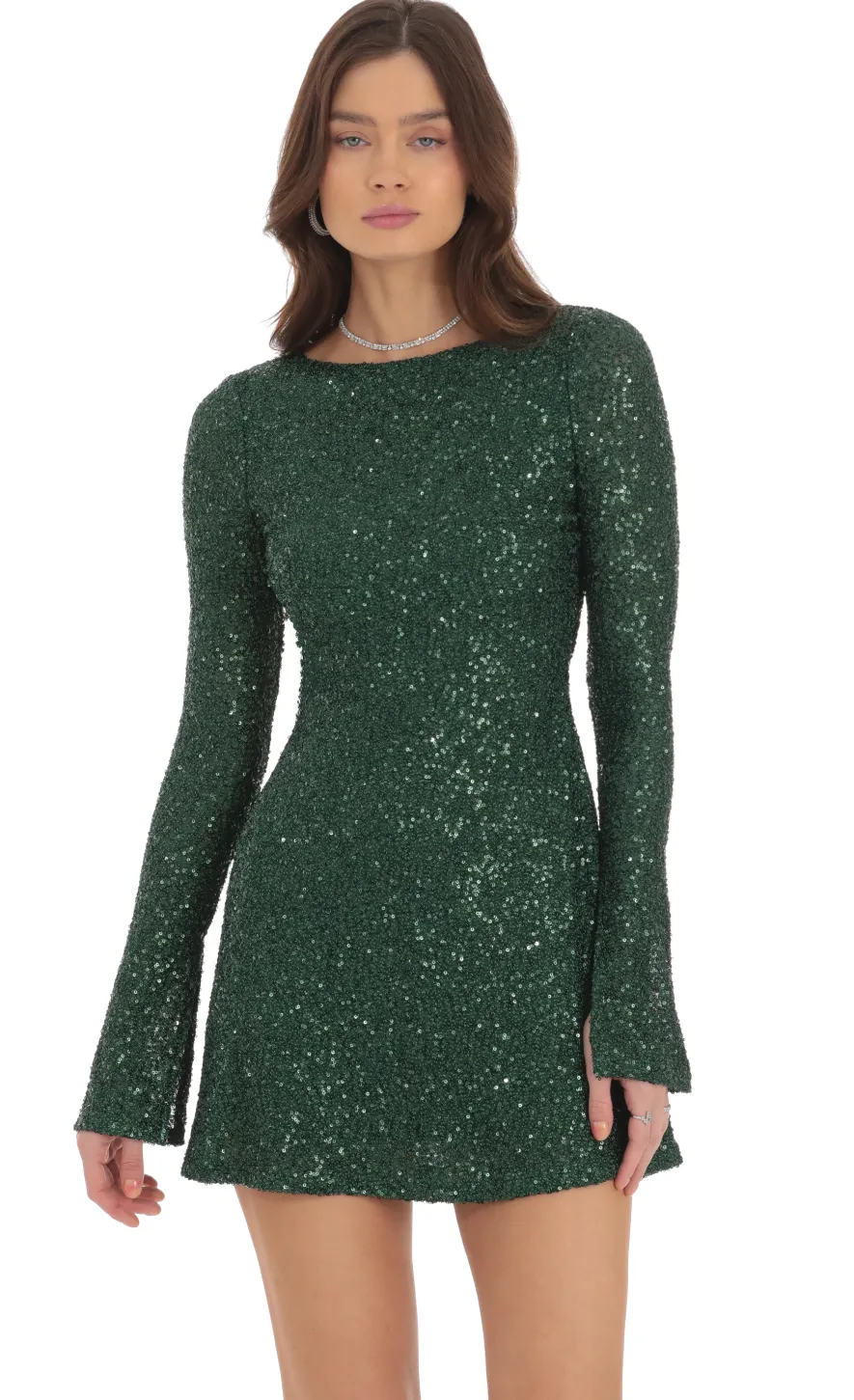 LUCY IN THE SKY Mini Dresses^Sequin Long Sleeve Open Back Dress In Green