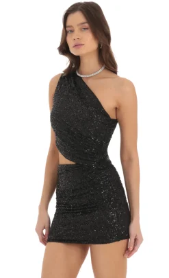 LUCY IN THE SKY Mini Dresses^Sequin One Shoulder Cutout Dress In Black