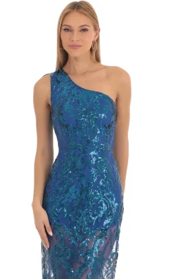 LUCY IN THE SKY Maxi Dresses^Sequin One Shoulder Maxi Dress In Blue