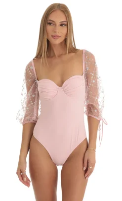 LUCY IN THE SKY Bodysuits^Sequin Puff Sleeve Bodysuit In Pink