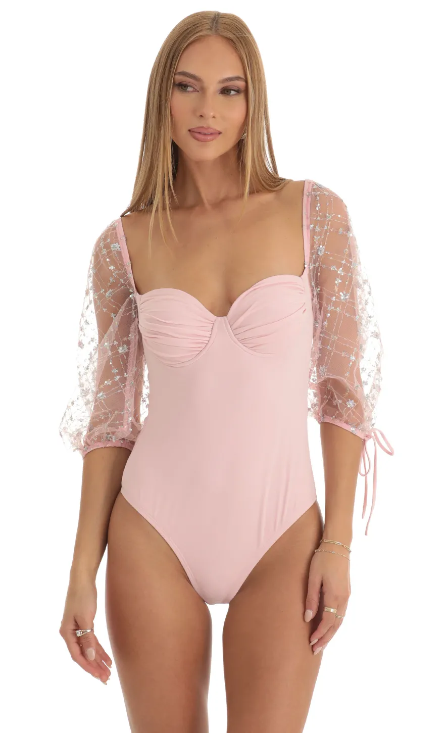 LUCY IN THE SKY Bodysuits^Sequin Puff Sleeve Bodysuit In Pink