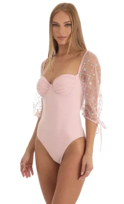 LUCY IN THE SKY Bodysuits^Sequin Puff Sleeve Bodysuit In Pink