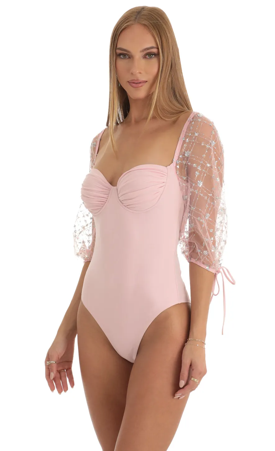 LUCY IN THE SKY Bodysuits^Sequin Puff Sleeve Bodysuit In Pink
