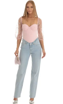 LUCY IN THE SKY Bodysuits^Sequin Puff Sleeve Bodysuit In Pink