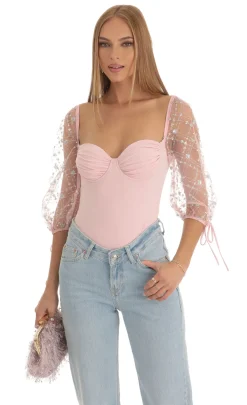 LUCY IN THE SKY Bodysuits^Sequin Puff Sleeve Bodysuit In Pink