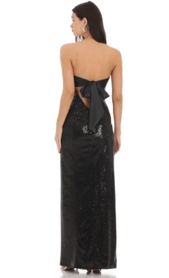 LUCY IN THE SKY Maxi Dresses^Sequin Satin Back Tie Maxi Dress In Black