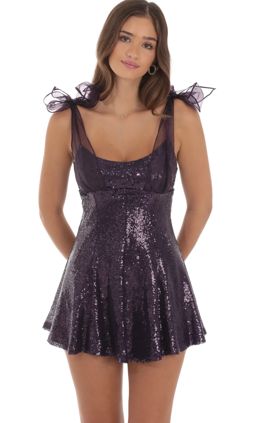 LUCY IN THE SKY Mini Dresses^Sequin Shoulder Ties Dress In Purple