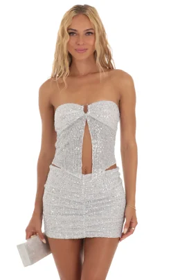 LUCY IN THE SKY Two-Piece Sets|Tops^Sequin Strapless Two Piece Set In White