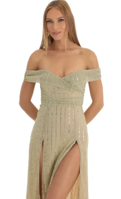 LUCY IN THE SKY Maxi Dresses^Sequin Striped Off The Shoulder Maxi Dress In Gold