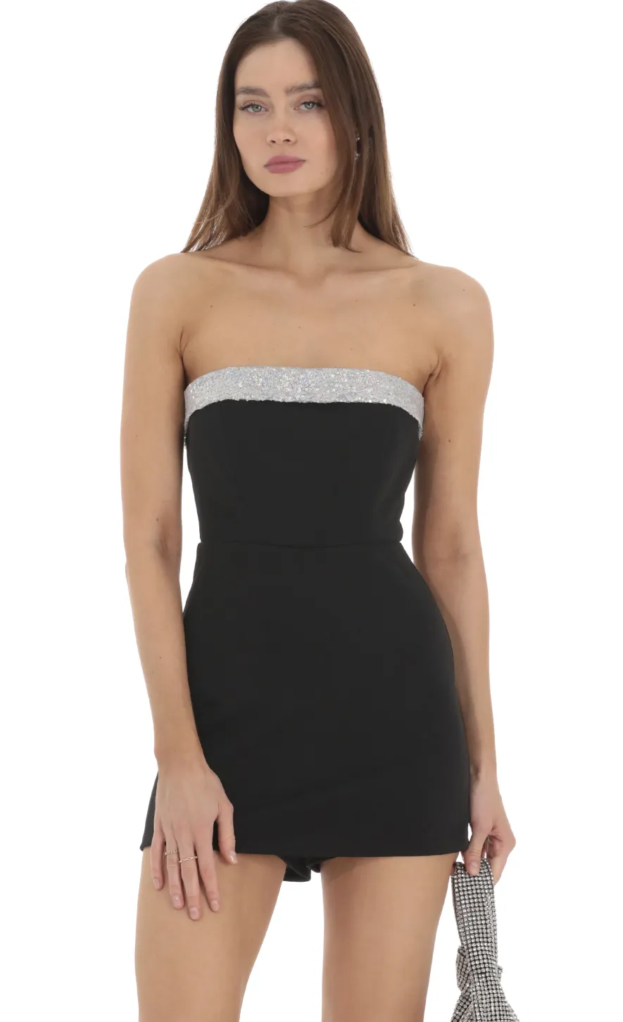 LUCY IN THE SKY Mini Dresses^Sequin Trim Strapless Romper In Black