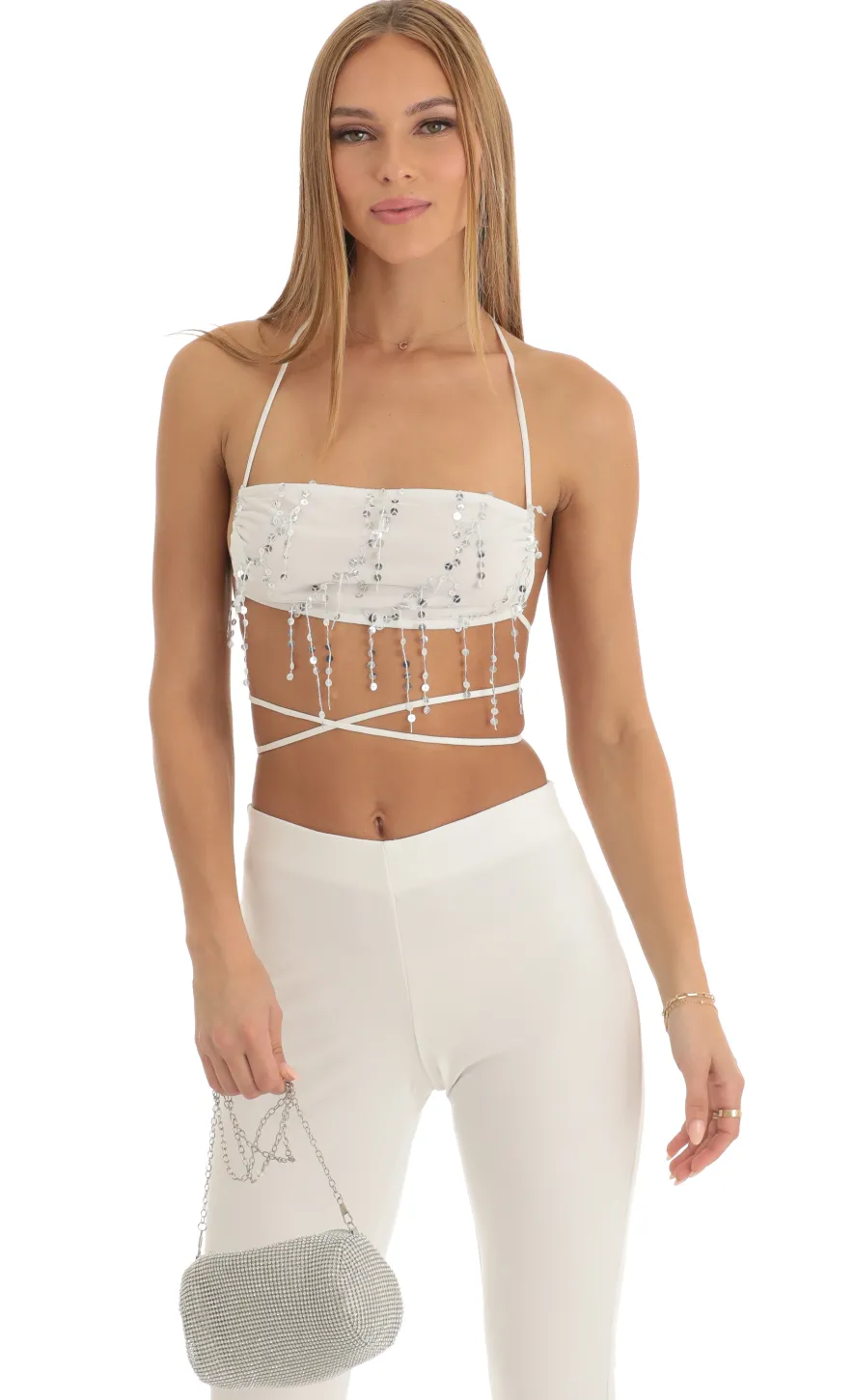 LUCY IN THE SKY Two-Piece Sets|Pants^Sequin Two Piece Pant Set In White