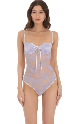 LUCY IN THE SKY Bodysuits^Sheer Lace Bodysuit In Lavender