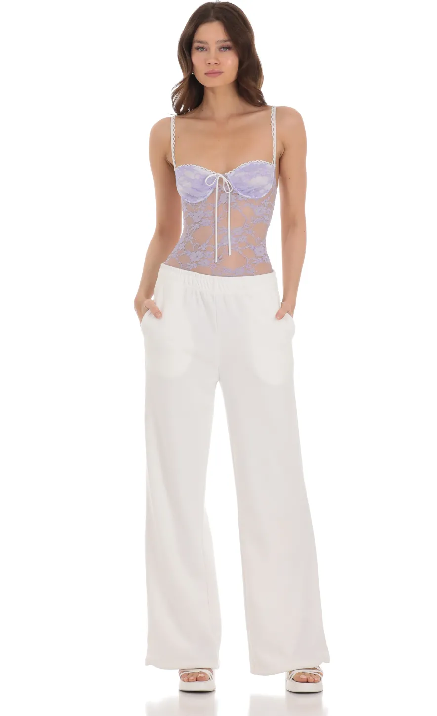 LUCY IN THE SKY Bodysuits^Sheer Lace Bodysuit In Lavender