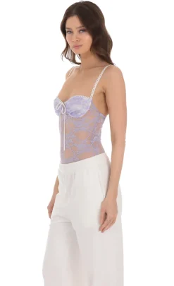 LUCY IN THE SKY Bodysuits^Sheer Lace Bodysuit In Lavender