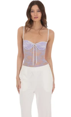 LUCY IN THE SKY Bodysuits^Sheer Lace Bodysuit In Lavender