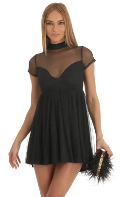 LUCY IN THE SKY Mini Dresses^Sheer Mock Neck Baby Doll Dress In Black