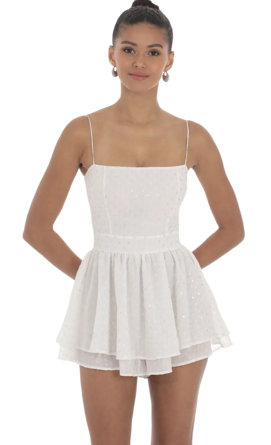LUCY IN THE SKY Rompers^Shimmer Dotted Double Ruffle Romper In White