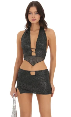 LUCY IN THE SKY Two-Piece Sets^Shimmer Halter Two Piece Set In Black