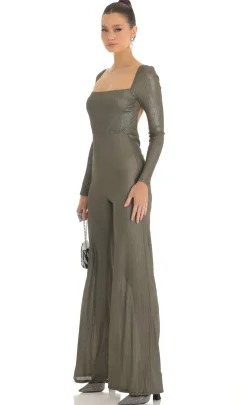 LUCY IN THE SKY Jumpsuits^Shimmer Open Back Long Sleeve Jumpsuit In Olive