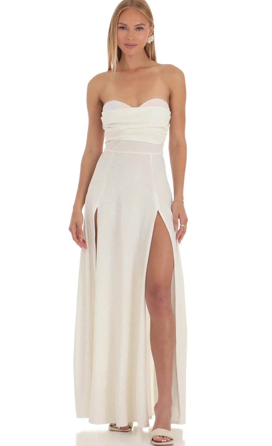 LUCY IN THE SKY Maxi Dresses^Shimmer Sequin Velvet Maxi Dress In White