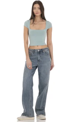 LUCY IN THE SKY Tops^Short Sleeve Crop Top In Seaglass Blue