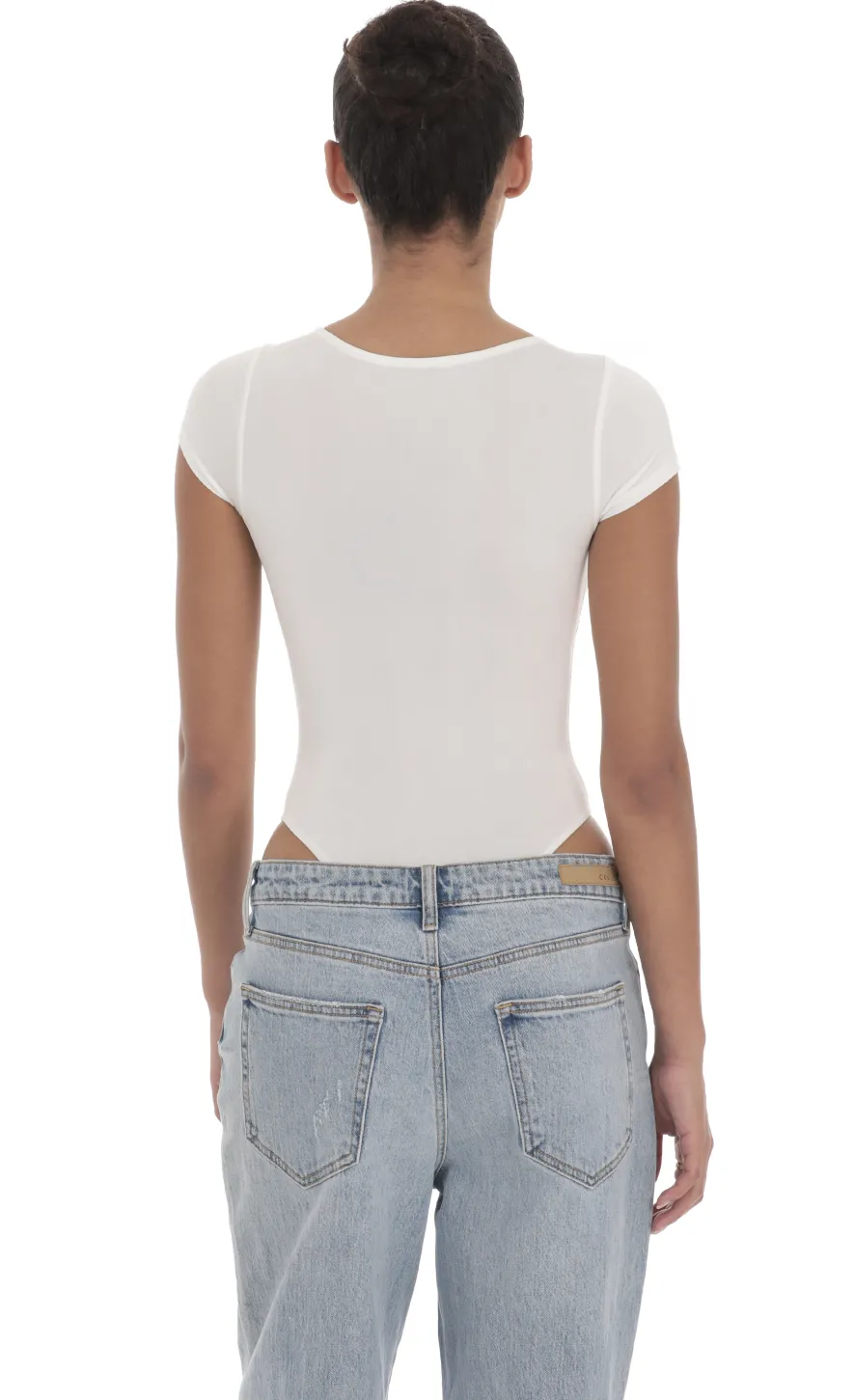 LUCY IN THE SKY Bodysuits^Short Sleeve High Thigh Bodysuit In White