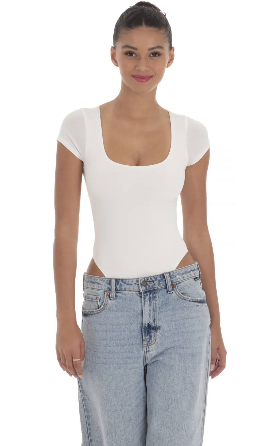 LUCY IN THE SKY Bodysuits^Short Sleeve High Thigh Bodysuit In White