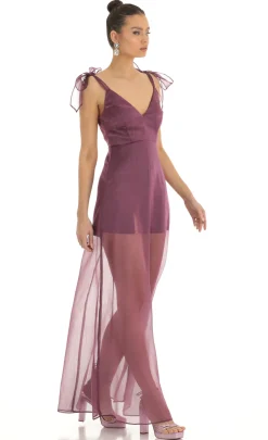 LUCY IN THE SKY Maxi Dresses^Shoulder Bow A-Line Illusion Maxi Dress In Purple