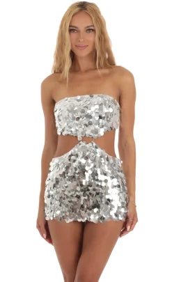 LUCY IN THE SKY Mini Dresses^Silver Sequin Cutout Dress In White
