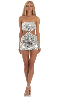 LUCY IN THE SKY Mini Dresses^Silver Sequin Cutout Dress In White