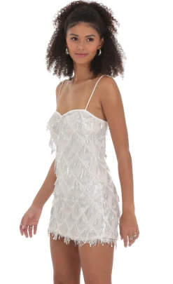 LUCY IN THE SKY Mini Dresses^Silver Sequin Fringe Dress In White