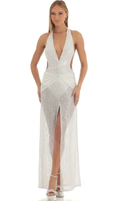 LUCY IN THE SKY Maxi Dresses^Silver Sequin Halter Maxi Dress In White