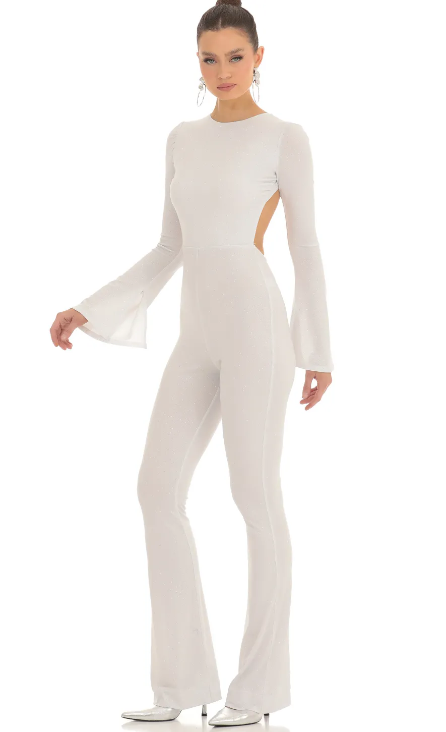 LUCY IN THE SKY Jumpsuits^Silver Shimmer Open Back Jumpsuit In White