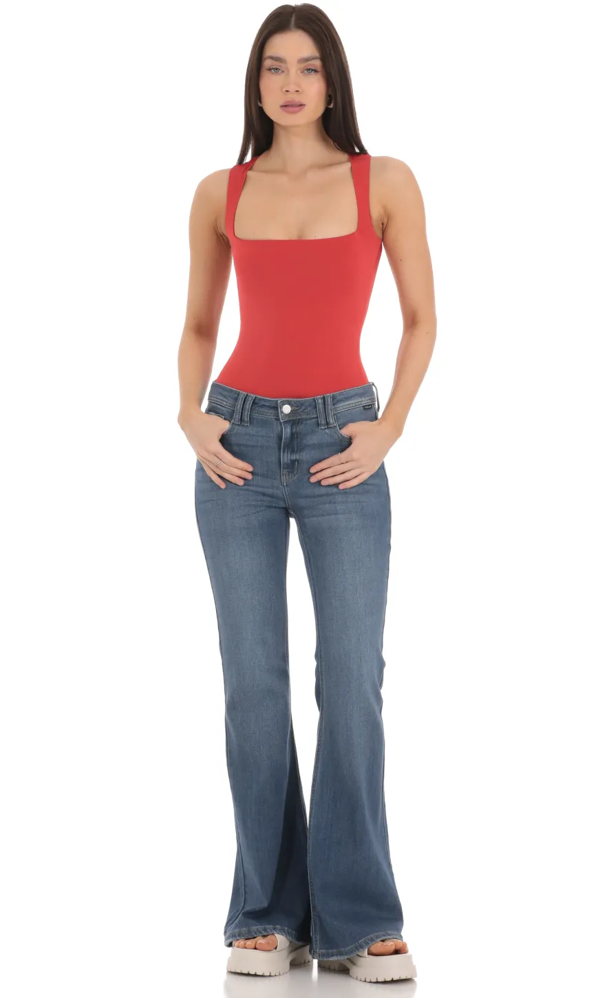 LUCY IN THE SKY Bodysuits^Square Neck Bodysuit In Red