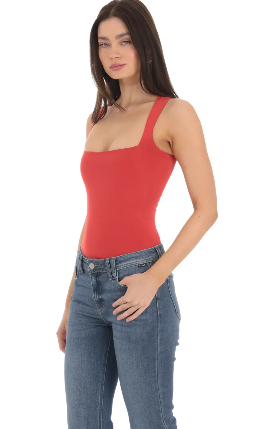 LUCY IN THE SKY Bodysuits^Square Neck Bodysuit In Red
