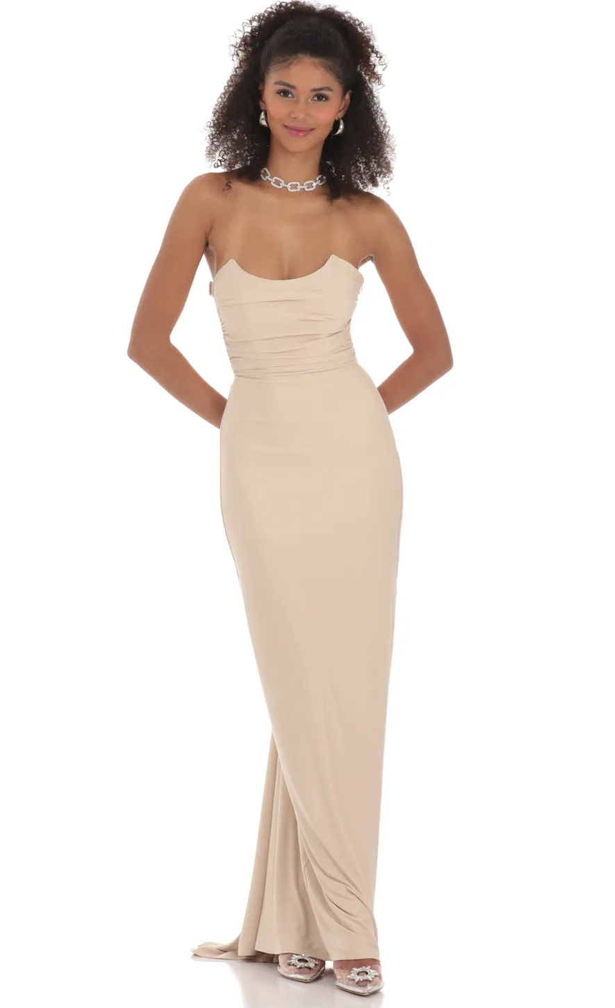 LUCY IN THE SKY Maxi Dresses^Strapless Corset Sequin Butterfly Maxi Dress In Beige
