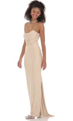 LUCY IN THE SKY Maxi Dresses^Strapless Corset Sequin Butterfly Maxi Dress In Beige